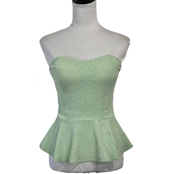 Y2K Body Central Strapless Peplum Crop Tube Top Size 4 Mint Green Sequin Vintage - Picture 1 of 13